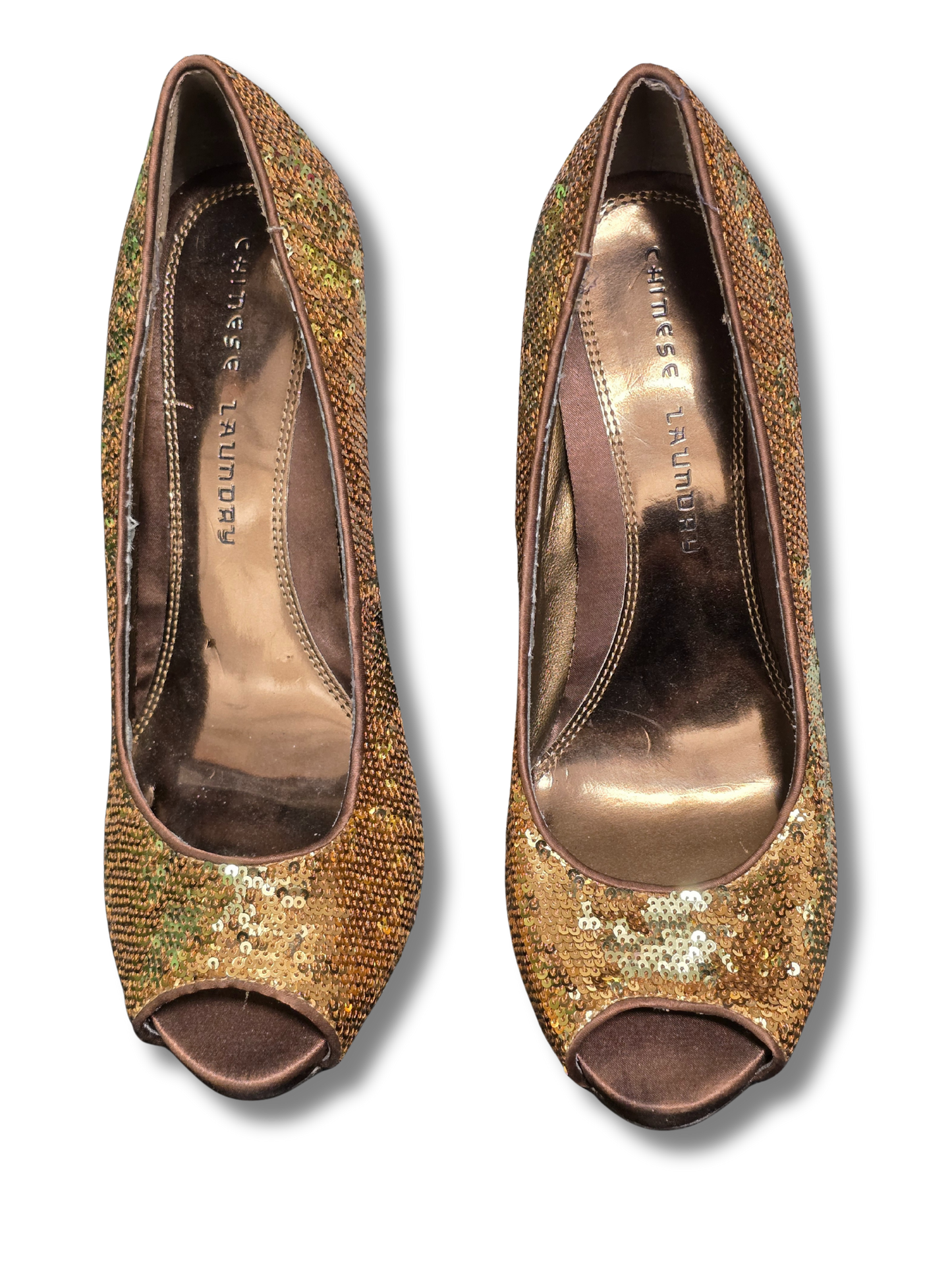 Chinese Laundry Gold Sequin Peep-Toe Heels