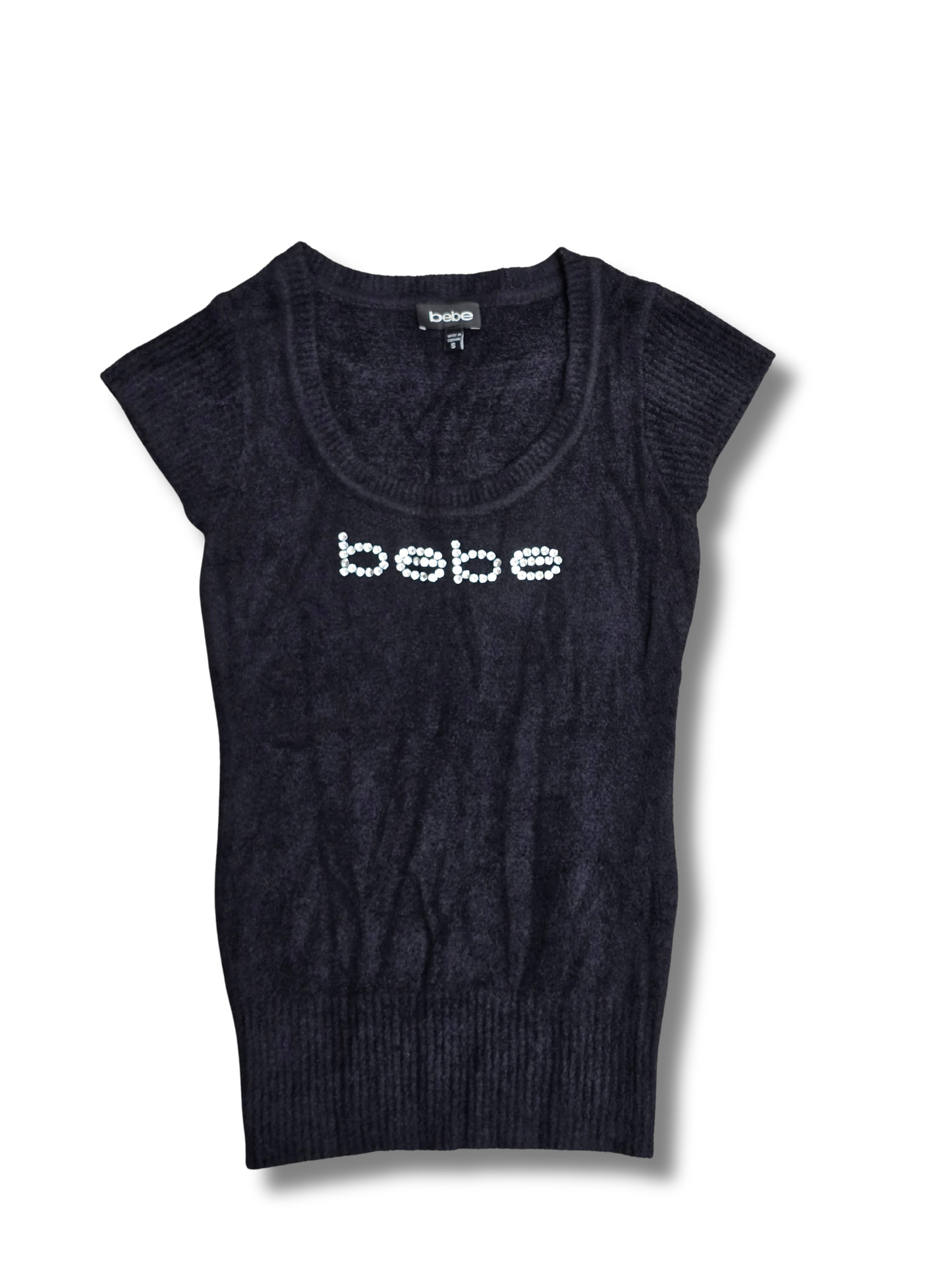 Bebe Black Rhinestone Logo Knit Top