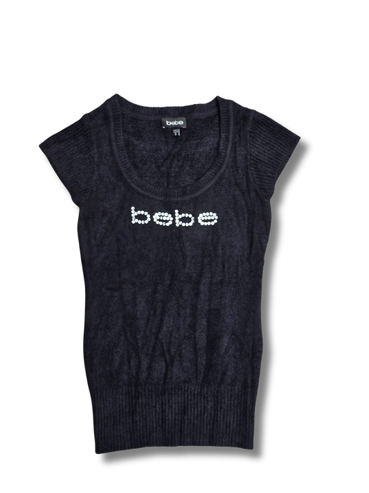 Bebe Black Rhinestone Logo Knit Top